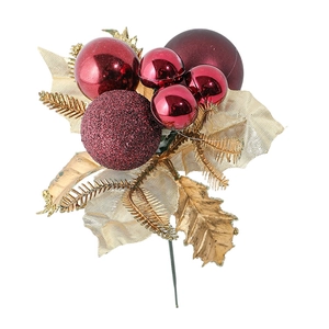 Christmas pick with red ornaments and golden holly leaves on a white background