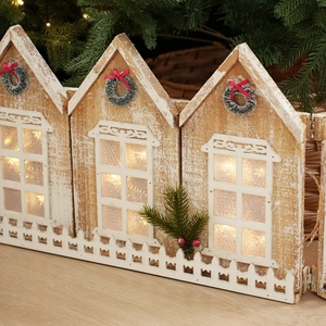Vintage wooden Christmas cottage fence with warm LED lights for holiday tree decor