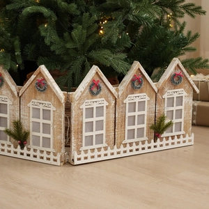 Wooden Christmas tree fence collar with European house design and mini wreaths decor