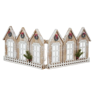 Foldable wooden Christmas fence with house shapes and mini wreaths for holiday decor