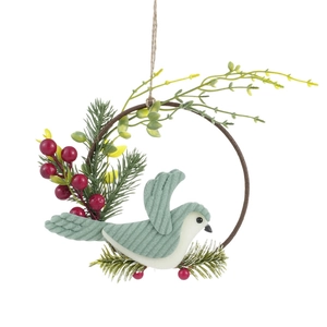 Christmas wreath with green plush bird, red berries and pine needles on a brown ring