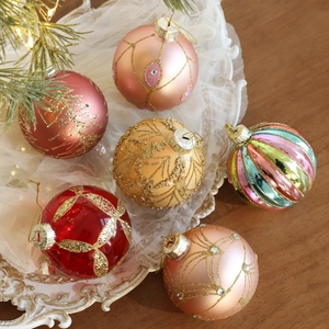 Set of 6 assorted 8cm Christmas ball ornaments with glitter and rhinestones