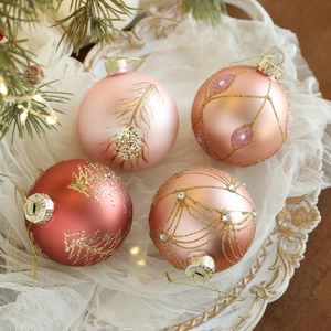 Pink and rose gold Christmas glass ball ornaments with glitter and rhinestones set of 4