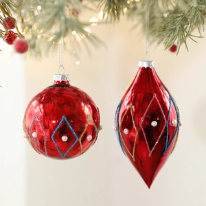 Glass Christmas Ball Ornaments Teardrop Onion Shape Hanging Decorations With Glitter Faux Pearl For Christmas Tree Home Decor