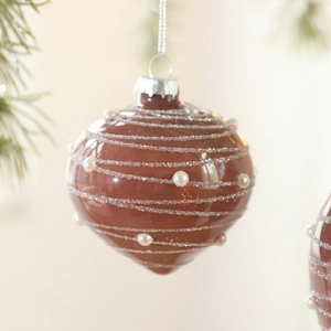 Brown shiny glass Christmas ball with white glitter stripes and pearl beads for tree hanging