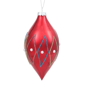 Polished red spindle Christmas ball ornament with glitter diamond patterns and pearls