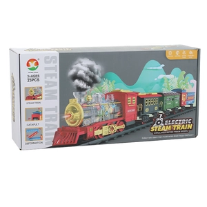 Electric steam train toy set with red locomotive and colorful track pieces for kids