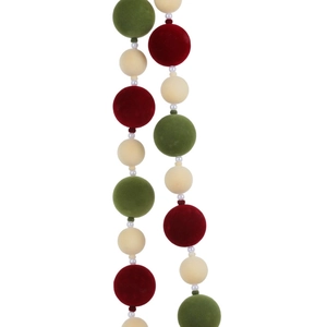 Christmas garland with red green and cream flocked balls and pearl beads decoration