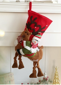 Détail de renne et bonhomme de neige en peluche 3D sur une chaussette de Noël