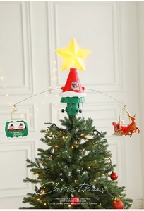 Rotating Christmas tree topper with glowing star, Santa sleigh, and snowman cable car