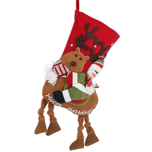 Chaussette de Noël avec renne 3D et bonhomme de neige portant le texte Happy Holidays