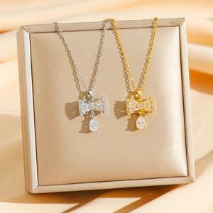 Bowknot Pendant Necklace Stainless Steel With Sparkling Pear Cut Zircon Water Drop Elegant Fashion Jewelry For Women