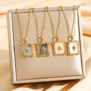 Square poker heart and diamond pendants with natural shell inlay on gold steel chains