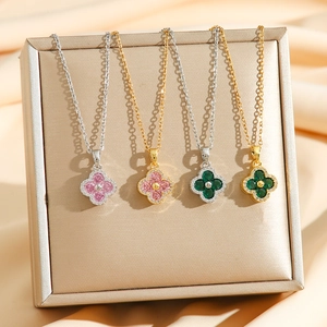 Four-Leaf Clover Pendant Necklace Titanium Steel Cubic Zirconia Pave Heart Shape Lucky Jewelry For Women Elegant Fashion