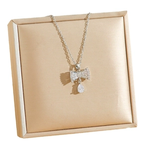 Sparkling bow necklace for women with zircon waterdrop pendant on golden satin
