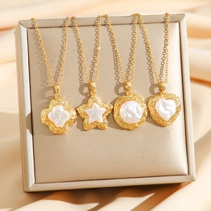Baroque Mother Of Artificial Pearl Pendant Necklace Titanium Steel Clover Heart Star Oval Shape Elegant Jewelry For Women