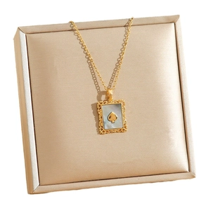 Luxury gold titanium necklace with a square spade-embossed mother-of-pearl pendant