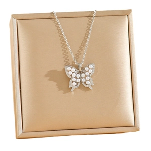 Silver butterfly necklace with pearls and zircon stones in a gold satin jewelry box