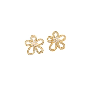 Golden flower earrings with micro-set zircon petals and hollow floral design