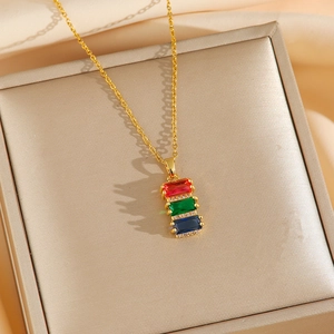 Rainbow gemstone necklace with vertical red, green, blue crystals in gold finish