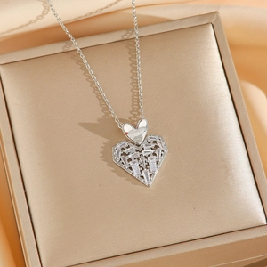 Elegant silver-tone double heart necklace with sparkling zircon pavé on satin silk