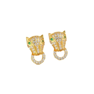 Golden leopard head drop earrings with white zircons and green crystal eyes for women