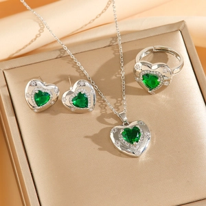 Parure bijoux en acier inoxydable argenté avec collier cœur et boucles d'oreilles