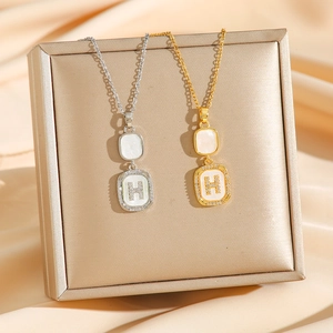 Elegant H-letter square pendant necklace with shell inlay and micro-pave crystals