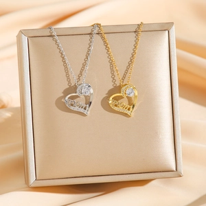 Collier Pendentif Coeur Acier Inoxydable Cuivre Avec Zircon Inscription Mom Cadeau Fête Des Mères Élégant Pour Femmes