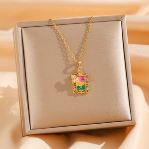 Vintage French oil painting rose and butterfly gold rectangle pendant necklace