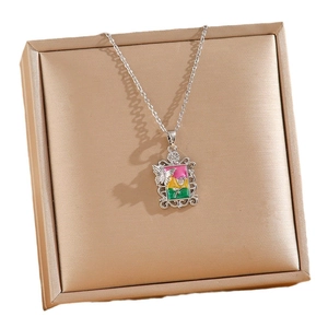 French vintage oil painting rose pendant with silver butterfly on titanium steel chain