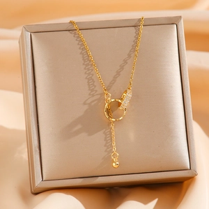 Double-ring titanium steel necklace with sparkling cubic zirconia on luxury silk base