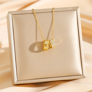 Luxurious double-ring titanium steel necklace with sparkling zircon pavé in champagne gold