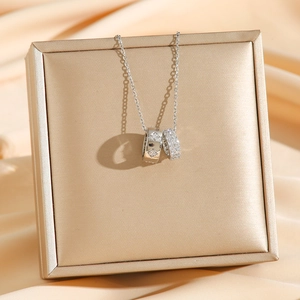 Silver titanium steel double ring necklace with cubic zirconia paving in luxury style