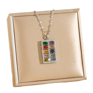 Rainbow gemstone abacus pendant necklace in stainless steel with crystal accents