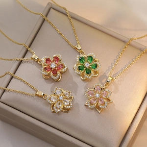 Rotating flower pendant necklace with colorful zircons in gold-plated stainless steel