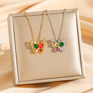 Colorful zircon butterfly pendant necklaces in gold and silver with micro-pave crystals