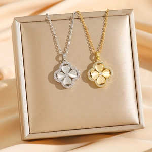 Four Leaf Clover Pendant Necklace Titanium Steel Cat Eye Stone Elegant Rhinestone Flower Jewelry For Women