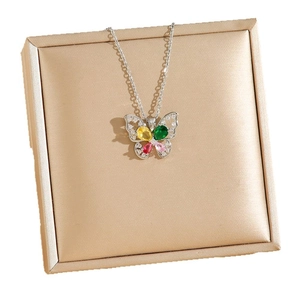 Exquisite silver butterfly necklace with multi-colored gemstones and cubic zirconia accents