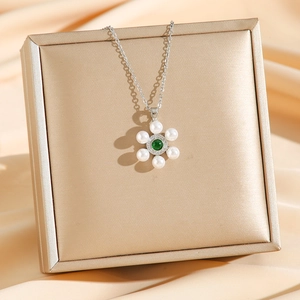 18K gold plated flower pendant necklace with white pearls and emerald green stone inlay