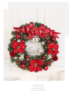 Detail of light-up Christmas wreath with red poinsettias and golden star ornaments