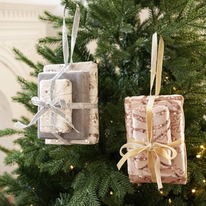 Glittering velvet gift box ornaments with sequins and ribbons for Christmas tree decor