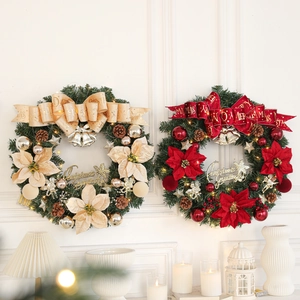 Pre-Lit Christmas Wreath LED Lights Red Gold Pine Needle Garland Pine Cones Bells Bow For Front Door Wall Decor