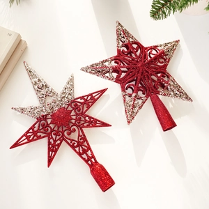 Red and silver glitter hollow star toppers for Christmas trees with elegant scroll patterns