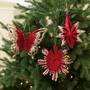 Christmas Tree Ornaments Glitter Plastic Red Silver Star Snowflake Deer Butterfly Hanging Decoration Xmas Party Tree Topper