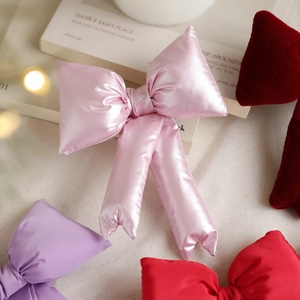 Pink and red satin 3D stuffed bow ornaments for Christmas tree decor and DIY crafts