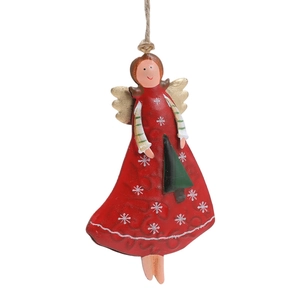Vintage iron Christmas angel girl hanging ornament with red gown and gold wings on white base