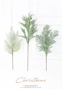 Three frosted artificial cedar pine branches with white snow flocking for Christmas decor