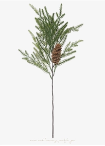 Detail of artificial pine branch with green needles and brown pine cone on white background