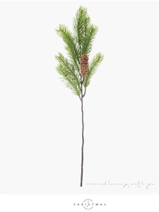 Detailed close-up of artificial pine needle branch with a realistic brown pine cone